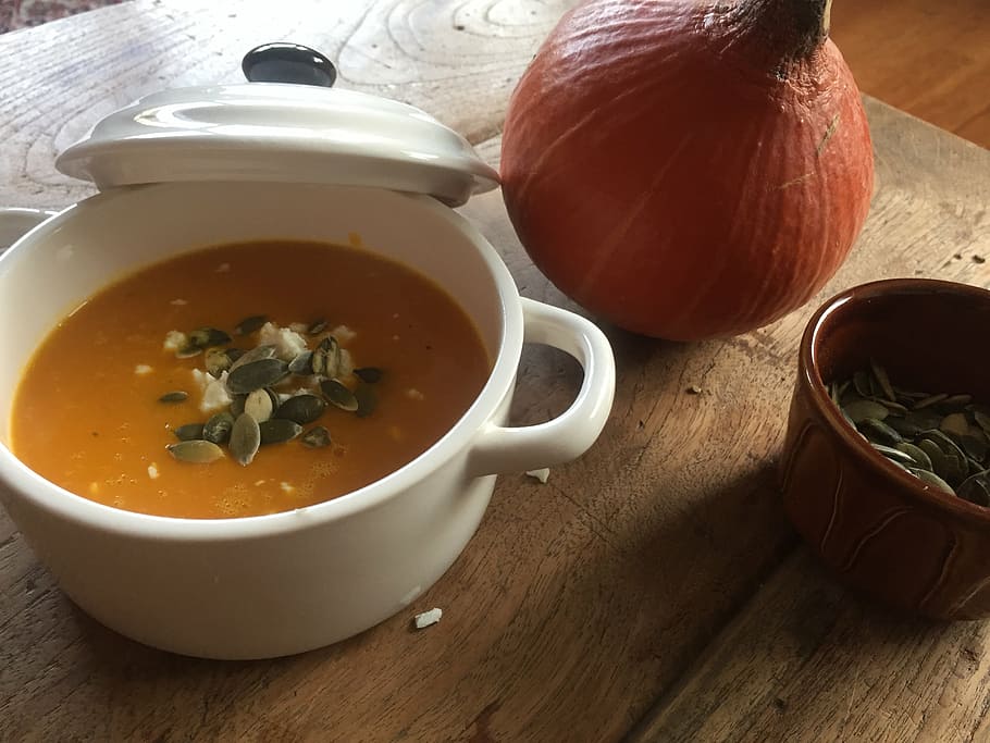 pumpkin soup on table, autumn, food and drink, healthy eating, HD wallpaper