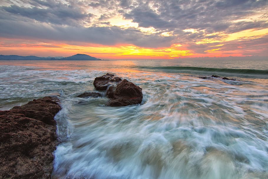 sea, dawn, nature, sky, clouds, dusk, idyllic, motion, ocean HD wallpaper