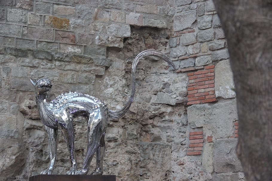 silver cat statue, sculpture, barcelona, spain, monuments, ornament
