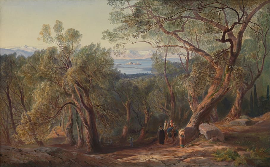 people standing near trees painting, edward lear, oil on canvas