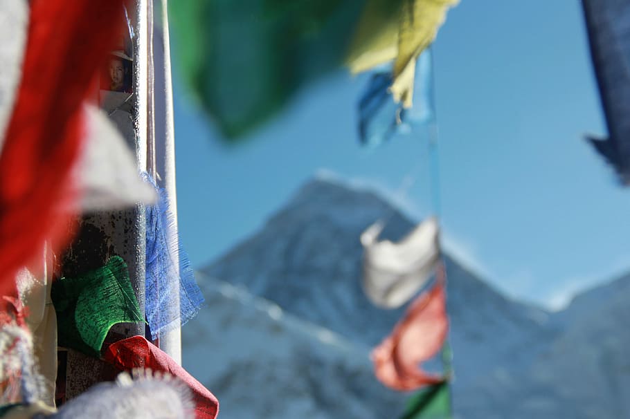in distant mountain, flags, bunting, fabric, landscape, day HD wallpaper