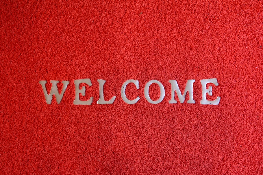 welcome, floor mat, input, red, text, communication, western script HD wallpaper