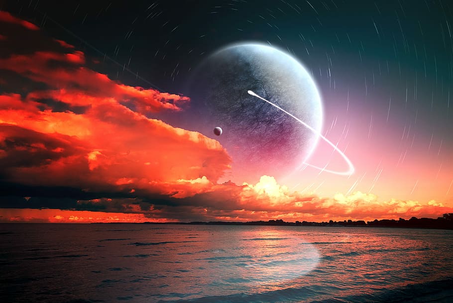 beach shore during golden hour with visible planet on sky, sun HD wallpaper