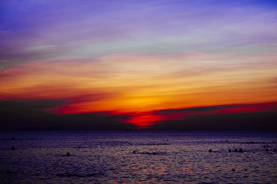 Body of Water during Sunset, beach, clouds, colors, dusk, evening HD wallpaper