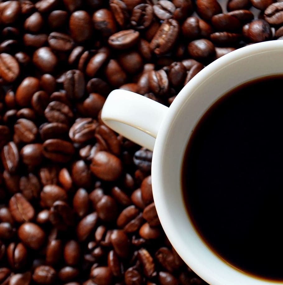 white ceramic mug on coffee beans, caffeine, aroma, food and drink HD wallpaper
