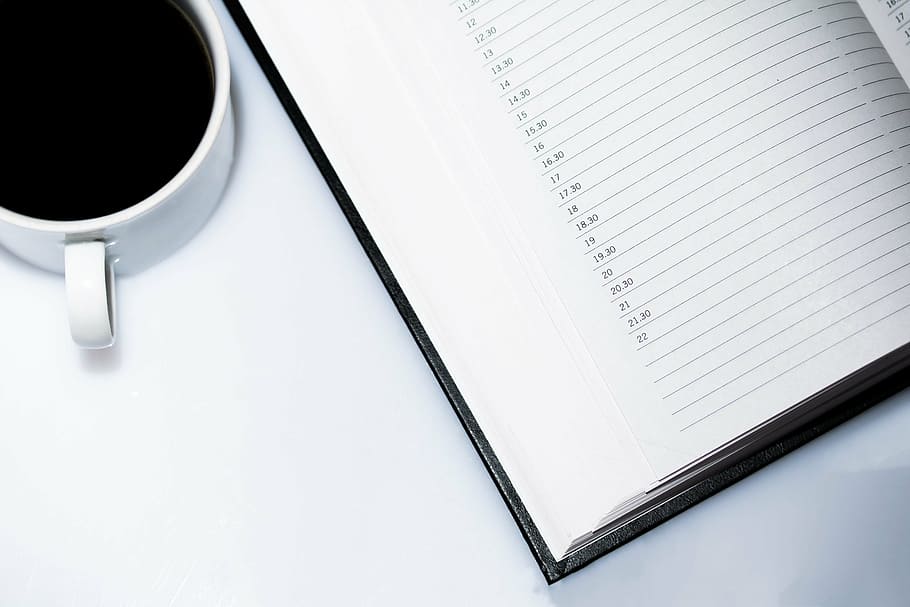 cup of coffee and planner, agenda, appointment calendar, coffee cup, HD wallpaper