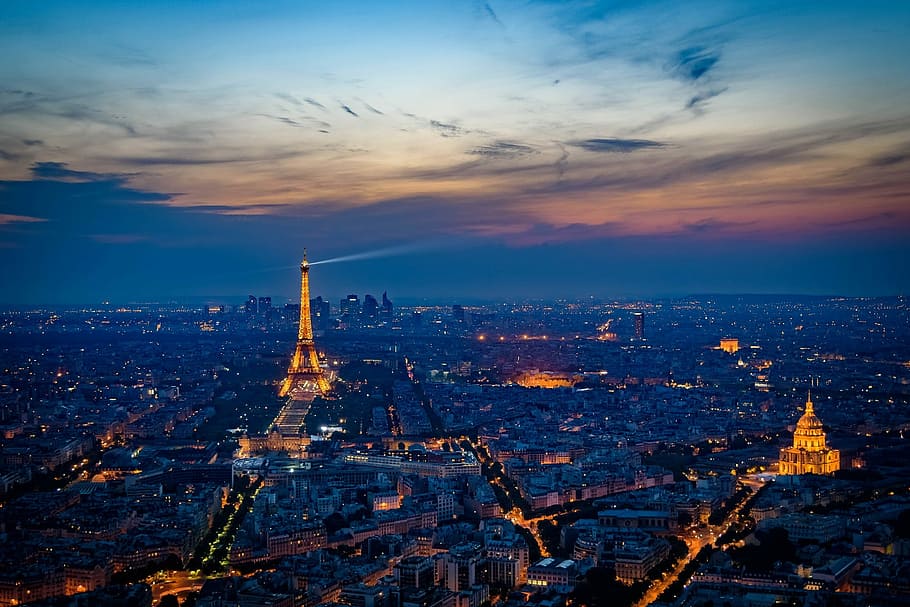 aerial view of Eiffel tower during sunset, landmark, architecture HD wallpaper