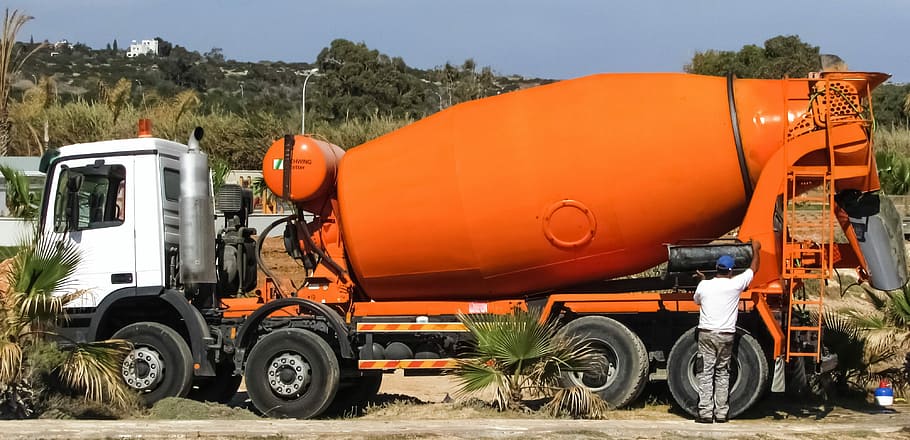 orange and white concrete mixer truck during daytime, Cement Mixer