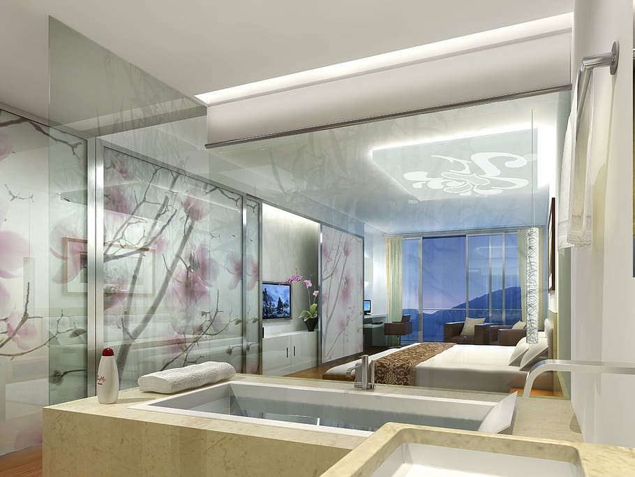 white and pink bedspread with 3D ceiling, interior, hotel, rendering HD wallpaper