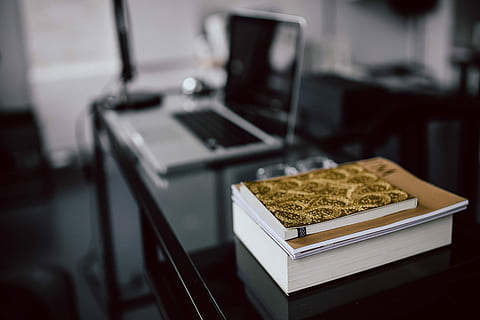 Organized desk with laptop and journals, interior, office, workspace HD wallpaper