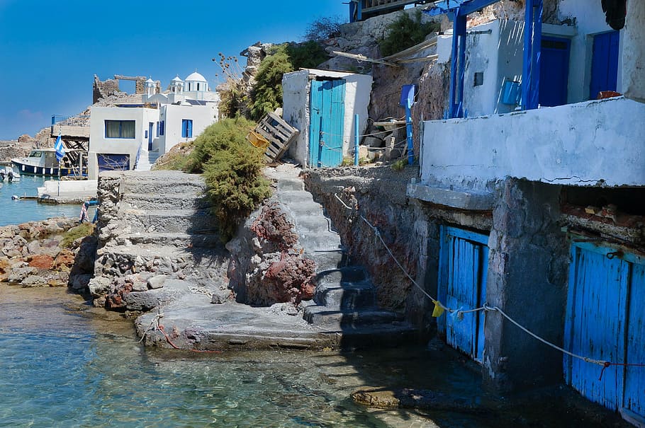 Greek, Island, Milos, Blue Sky, greek island, fishermen's houses, HD wallpaper