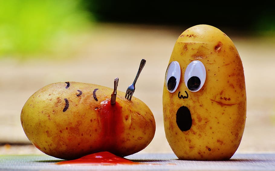 HD wallpaper: shallow focus of two potatoes art, ketchup, murder, blood,  funny | Wallpaper Flare