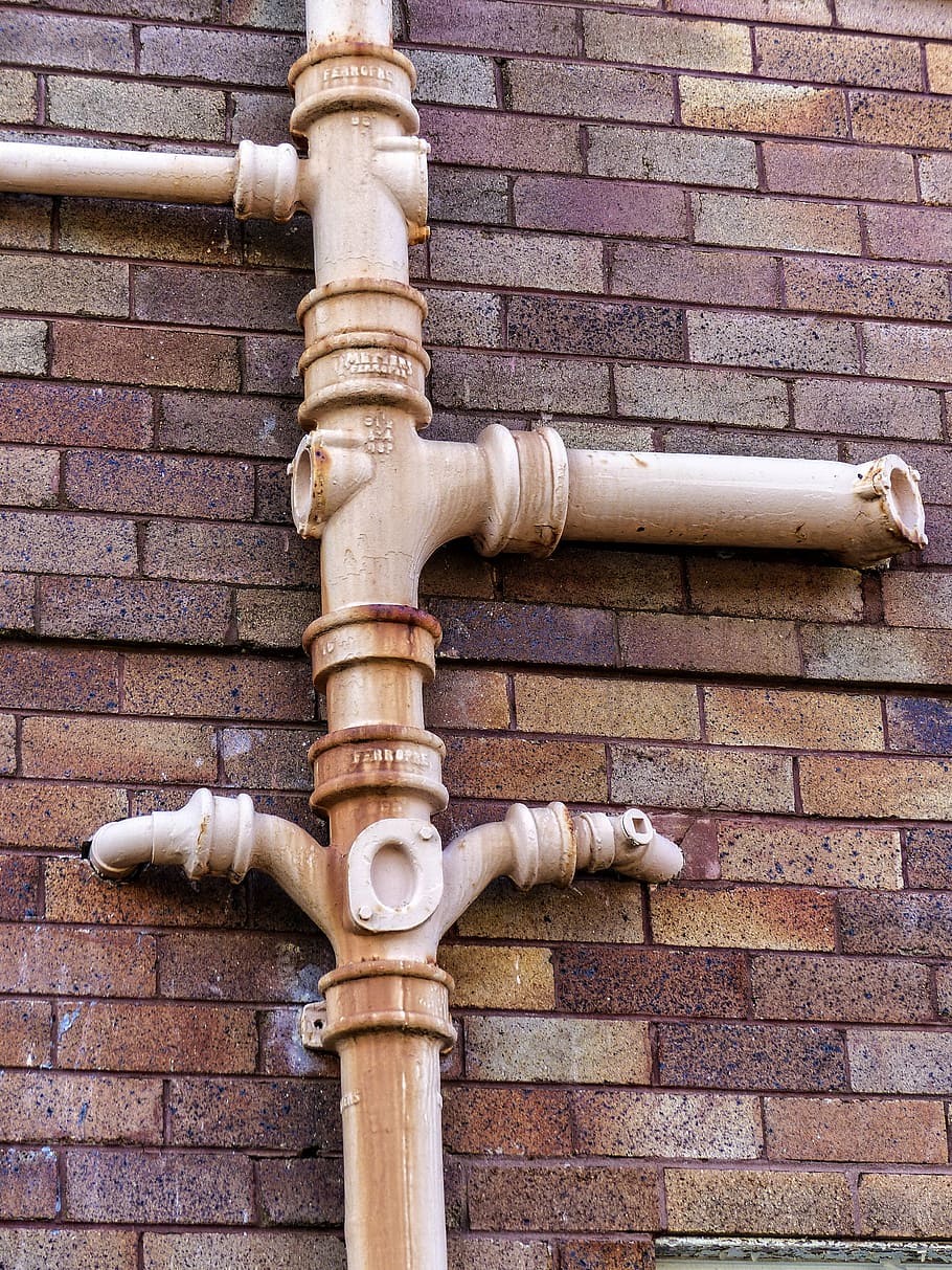 brown metal tube mounted on brick wall, sewage, pipe, iron, old, HD wallpaper