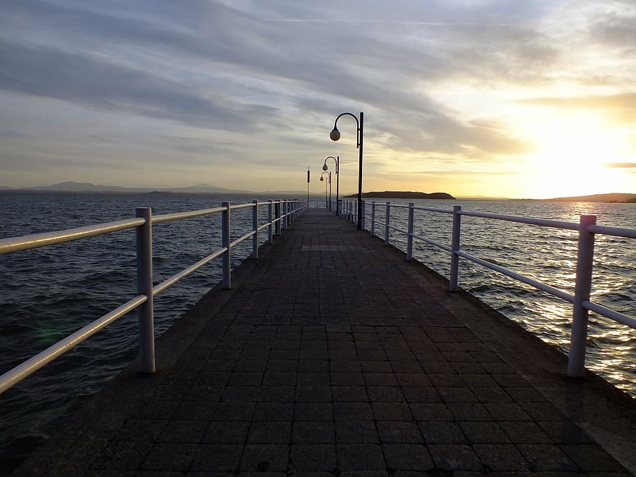 sunset, web, sea, pier, port, water, sky, railing, scenics - nature HD wallpaper