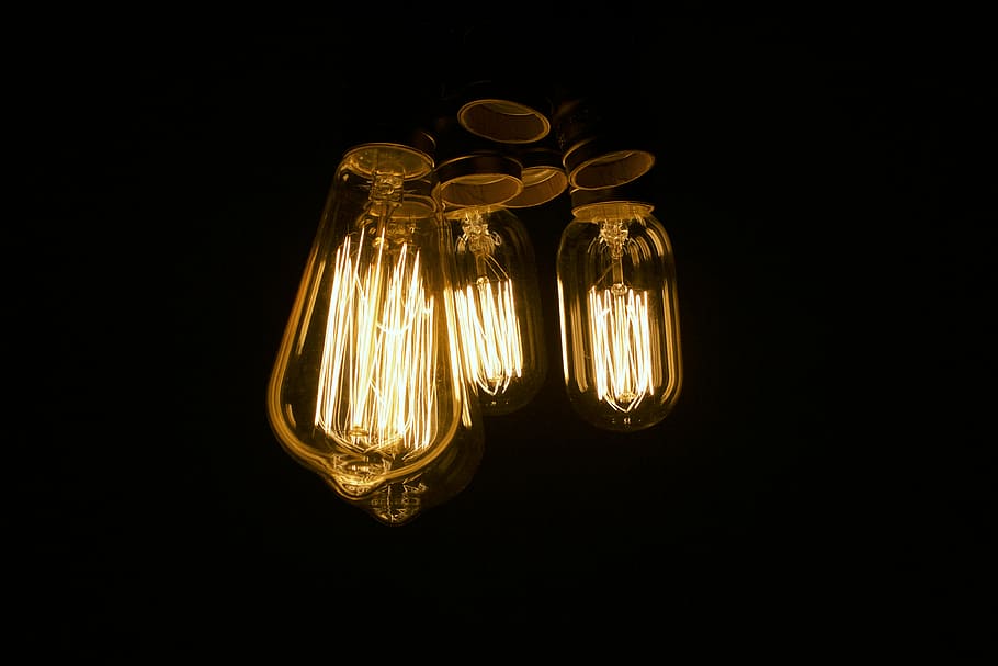 three clear light bulb, three brown LED bulbs, glow, energy, warm light HD wallpaper