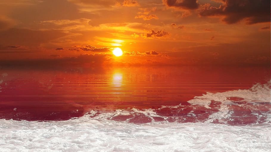 sea and sunset, beach, ocean, orange, water, summer, sky, travel HD wallpaper