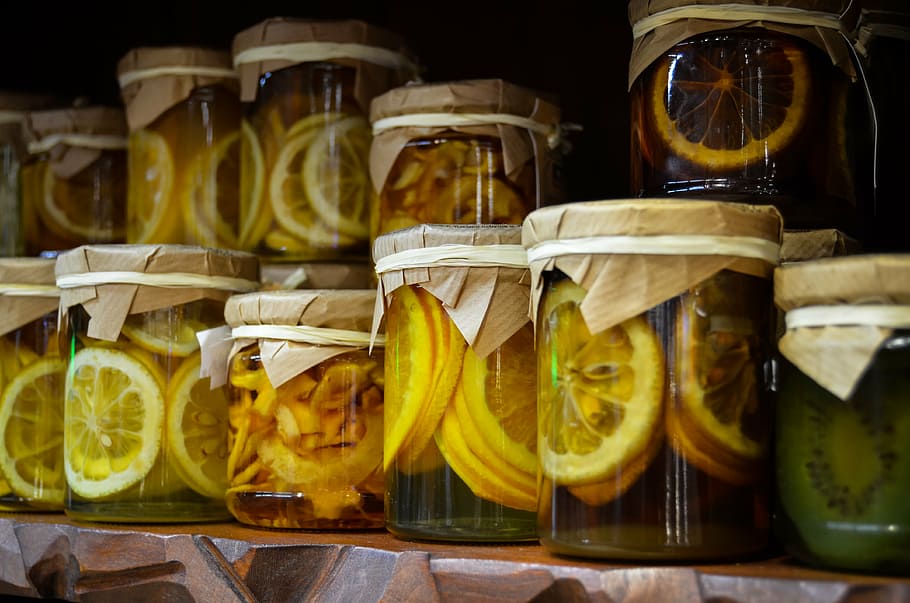 lemon fruits in clear glass canister, preparations, jars, jam HD wallpaper