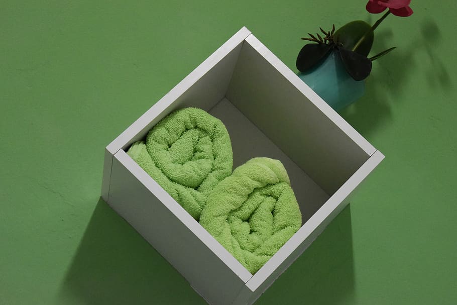towels, green, box, green color, green background, indoors HD wallpaper