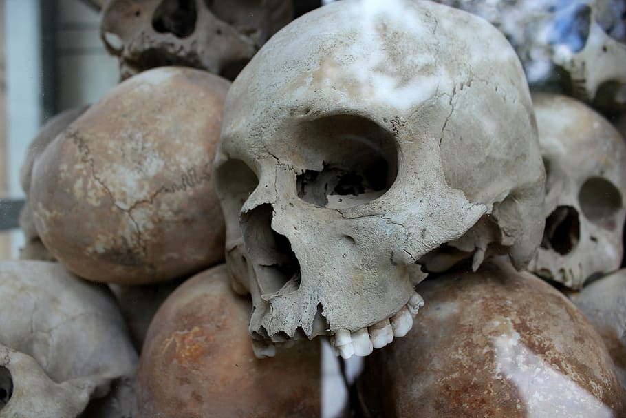 human skull stack, skulls, genocide, murder, death, cambodia