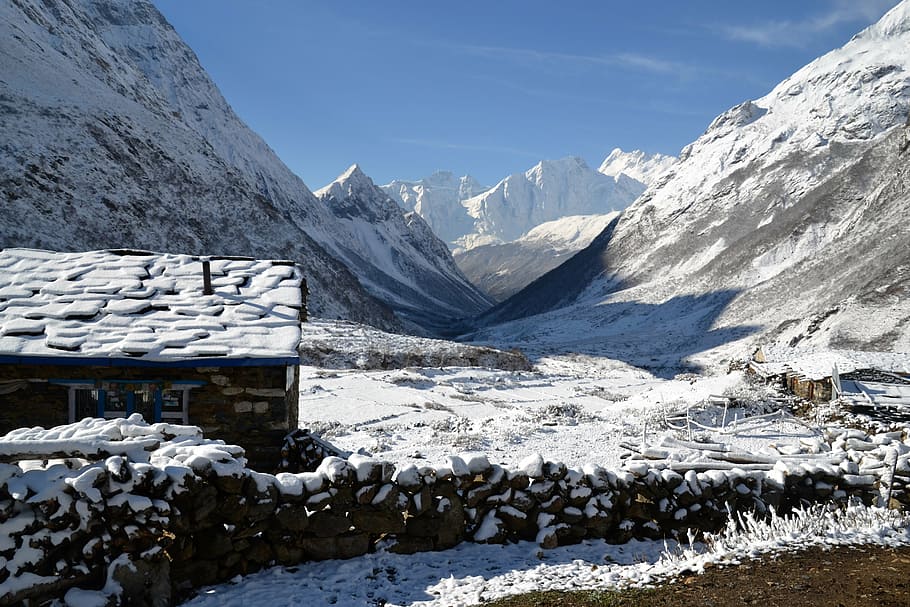 landscape, snow, nepal, mountains, hut, winter, cold, winter blast, HD wallpaper