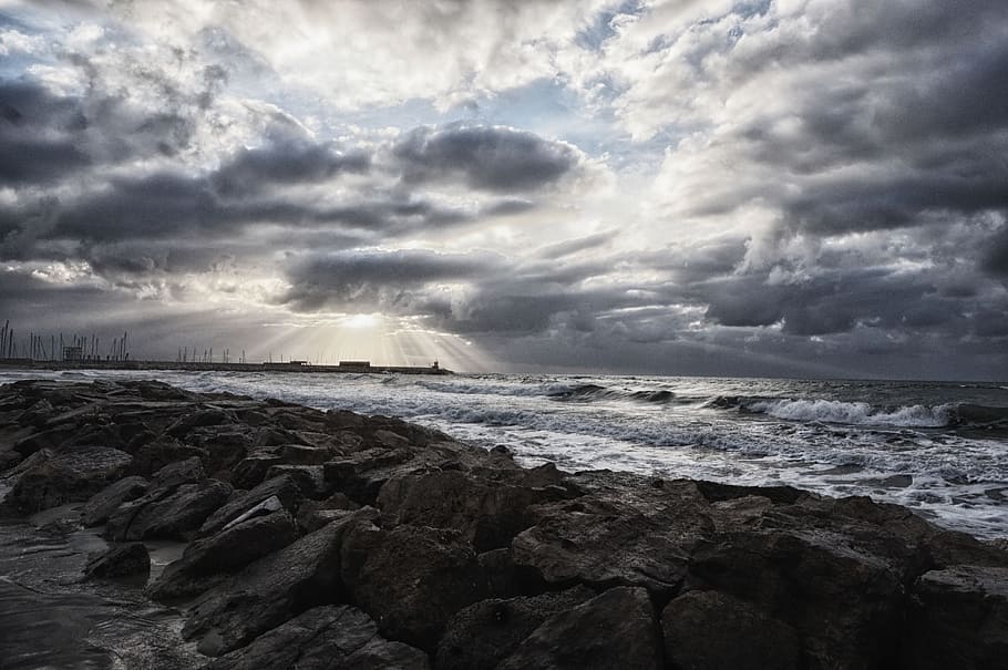 Sea, Winter, Clouds, Rocks, Water, Sun, ray, landscape, costa HD wallpaper