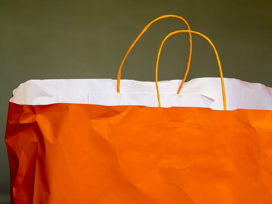 orange tote paper bag, purchasing, shopping bag, sale, market, HD wallpaper