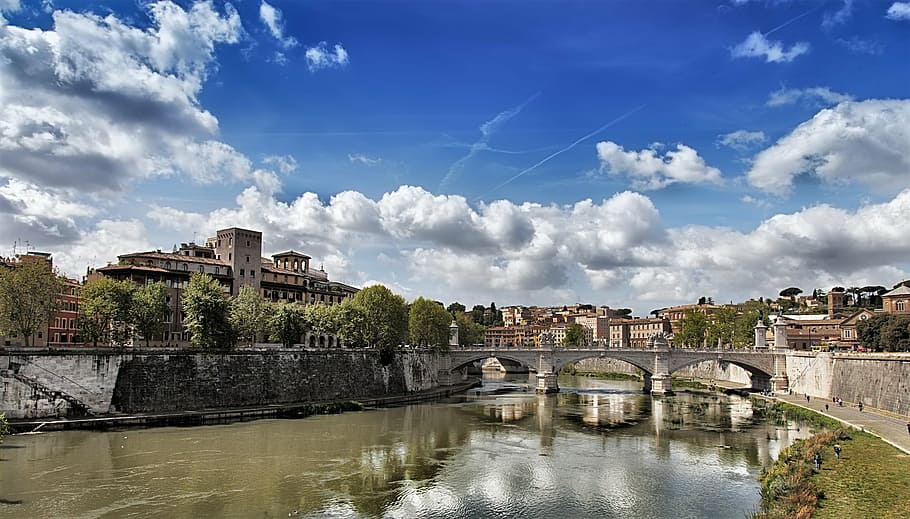 building near river and bridge at daytime, rome, italy, travel, HD wallpaper