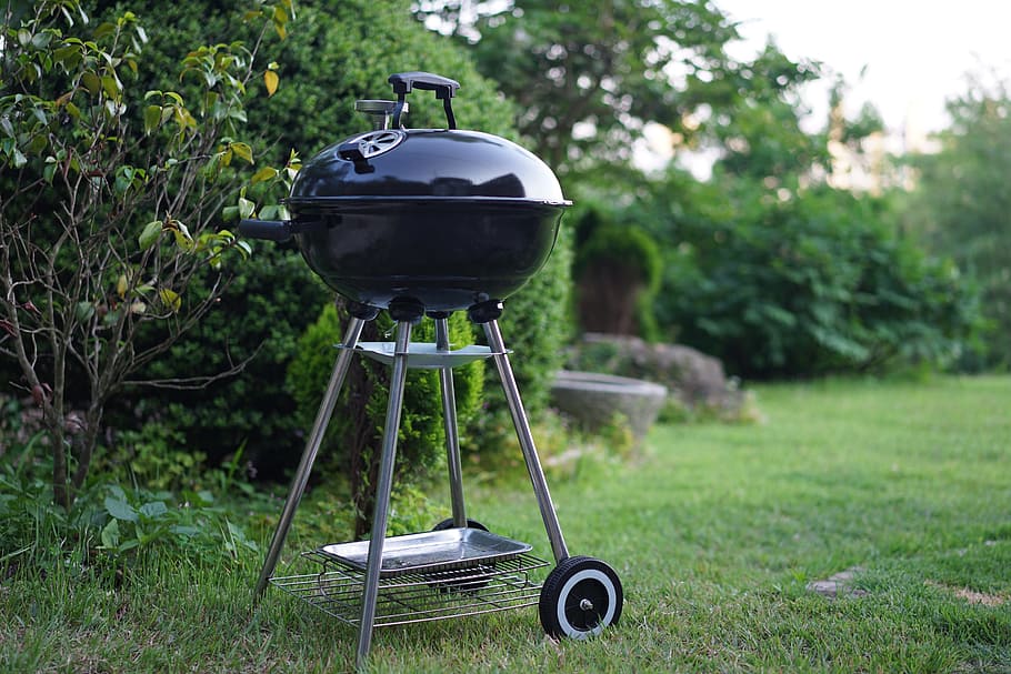 black steel charcoal grill beside green leafed plant, barbecues HD wallpaper