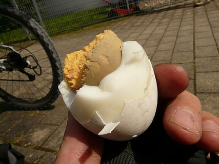 egg, eggshell, bitten, yolk, human hand, human body part, holding HD wallpaper