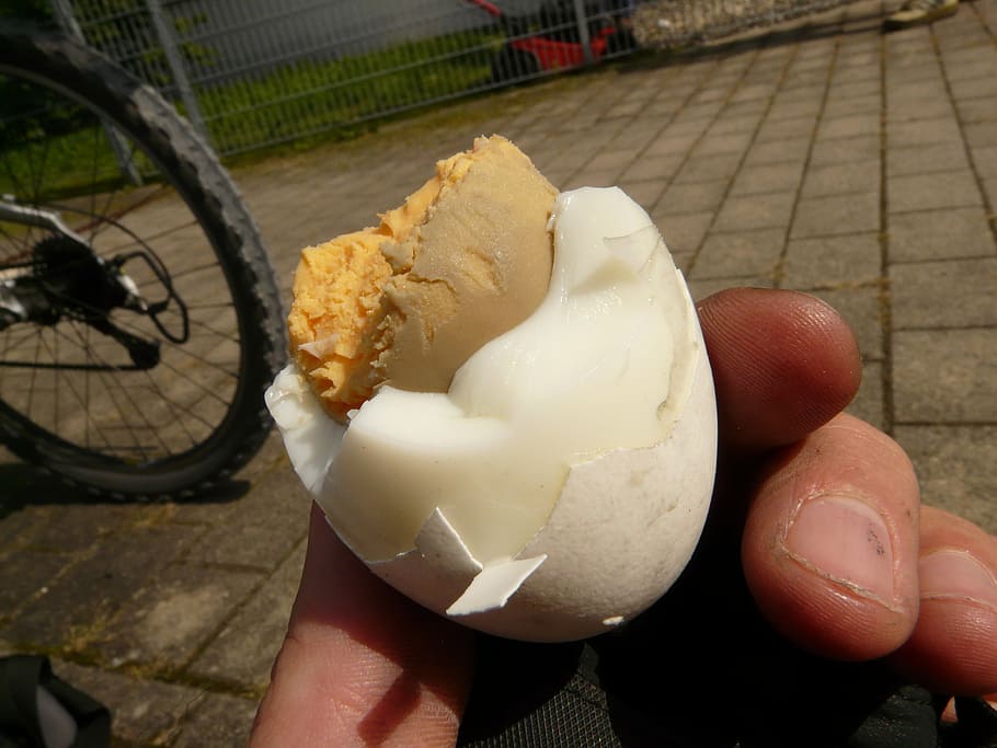 egg, eggshell, bitten, yolk, human hand, human body part, holding HD wallpaper