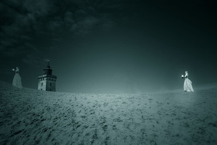 landscape, people, sand, lights, dark, evening, lighthouse, outdoors HD wallpaper