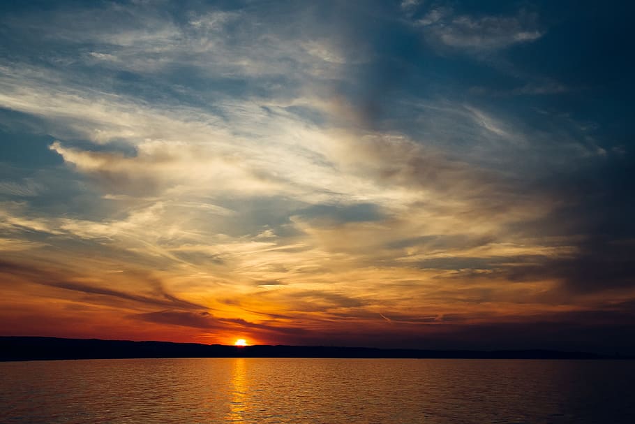 sunset, dusk, sky, clouds, horizon, lake, water, landscape HD wallpaper