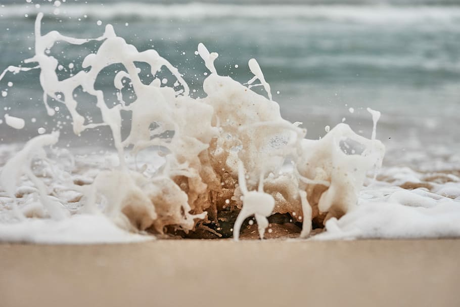 body of water, white liquid splash, ocean, sand, foam, froth HD wallpaper