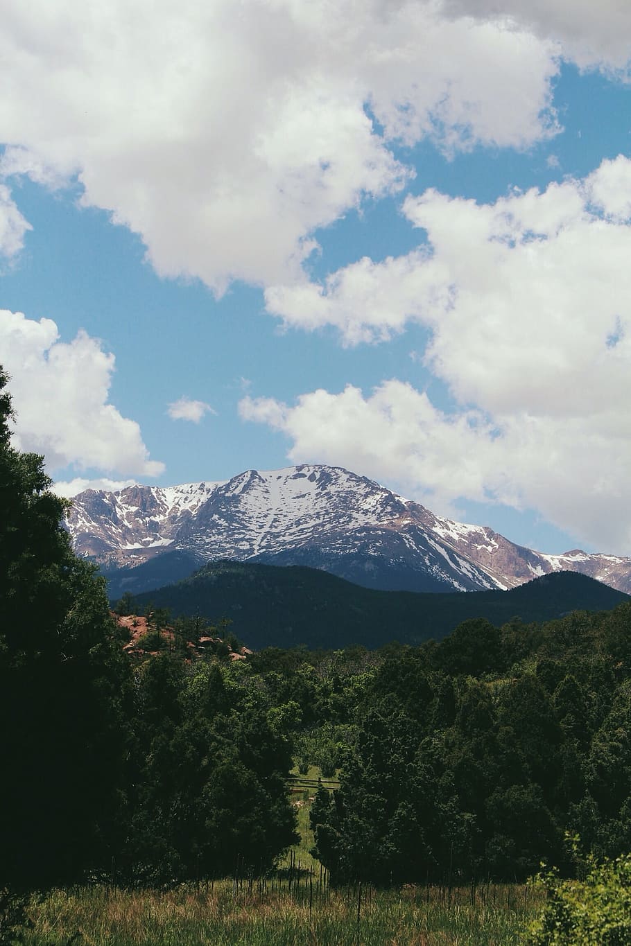 mountain, sky, clouds, peak, summit, cloudy, trees, forest HD wallpaper