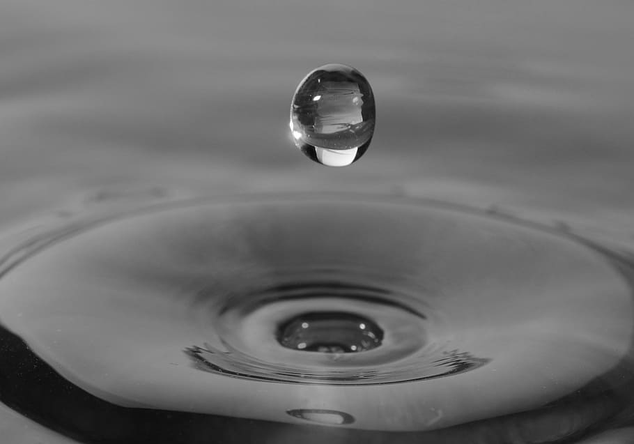 close-up grayscale photography of droplet of water above body of water HD wallpaper