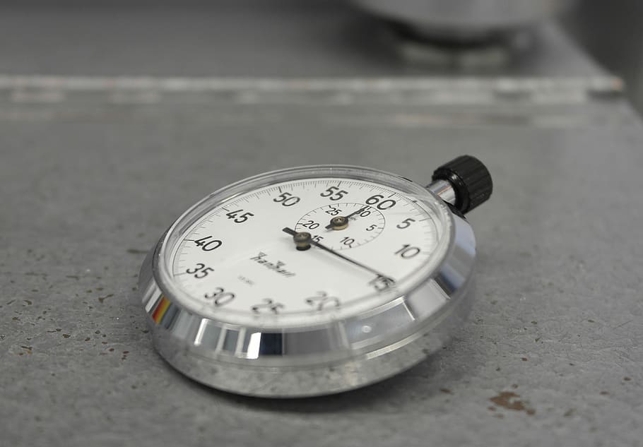 Stopwatch, gray stopwatch, stop watch, time, hand, number, close-up HD wallpaper