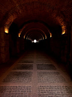 brown and black concrete lighted tunnel, hell, gates, devil HD wallpaper
