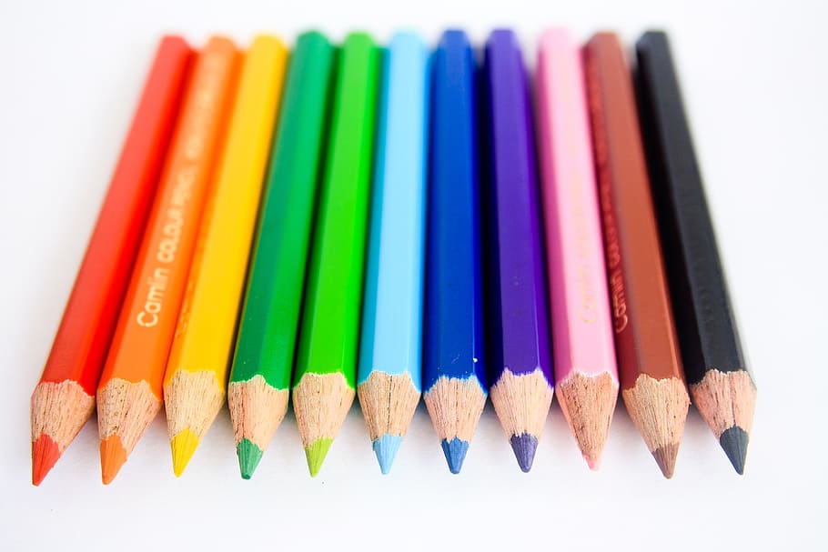 selective focus photography of colored pencils, colors, green, HD wallpaper