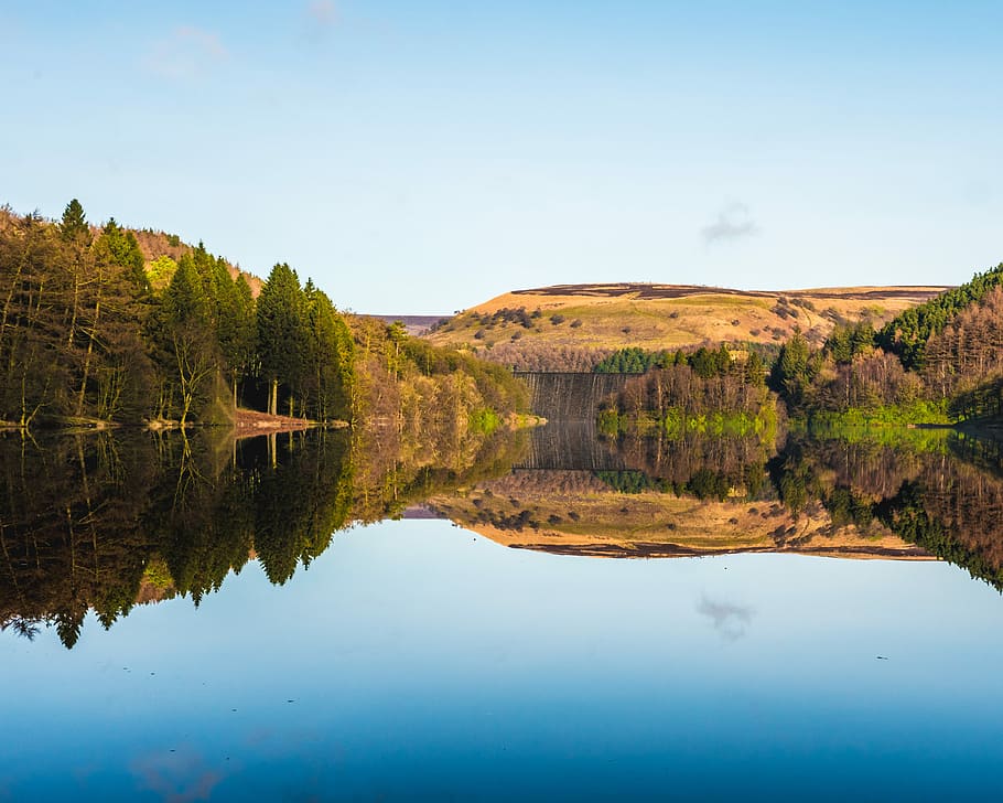 body of water in the middle of trees and mountain, landscape photo of mountain and trees with reflection across body of water HD wallpaper
