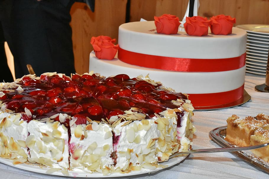 strawberry cake, wedding cake, rose, ornament, decoration, marry, HD wallpaper