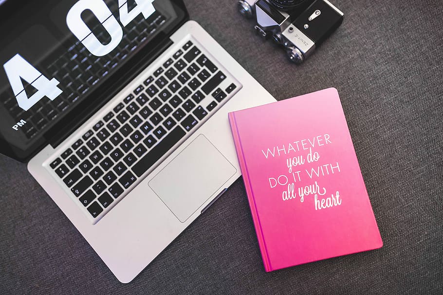 Pink notebook with a silver laptop and a camera, diary, computer HD wallpaper