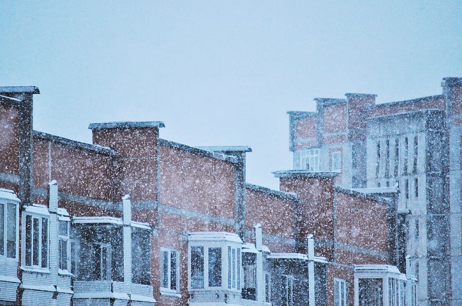 Snow, Evening, Building, sleeping district, quiet, winter, architecture HD wallpaper