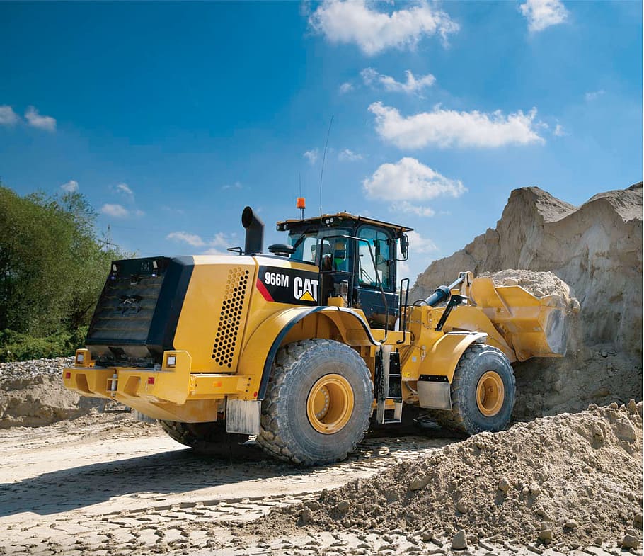 yellow CAT 965M front end loader in front of rocks, wheel loader, HD wallpaper