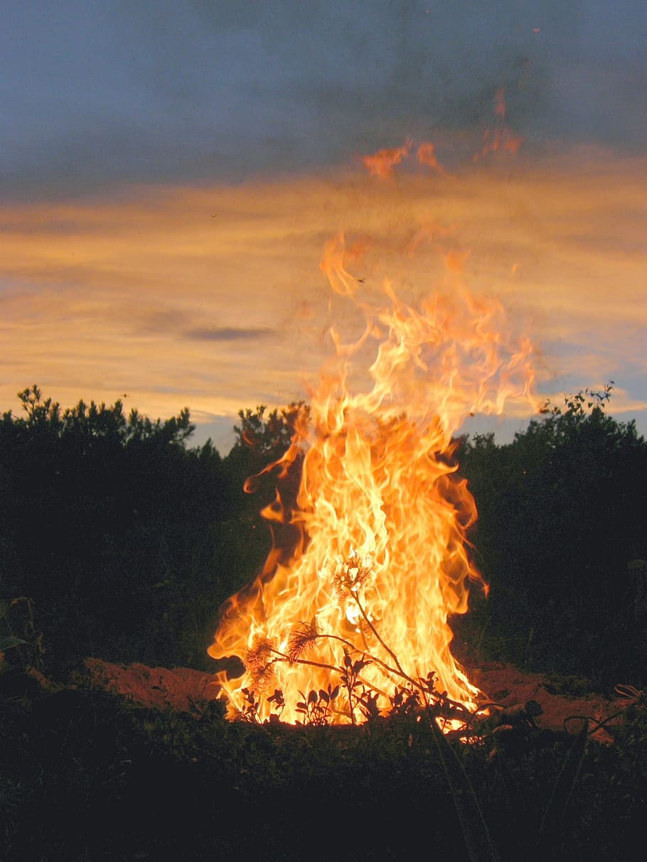 fire, flame, koster, sunset, sky, forest, summer, coals, spark HD wallpaper