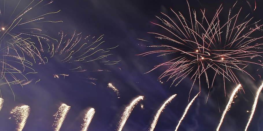 fireworks, night, pyrotechnics, lights, bright, explosion, colors HD wallpaper