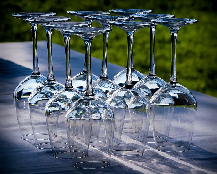 clear wine glass lot on gray surface, wine glasses, stemware HD wallpaper