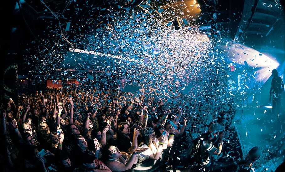 group of people in party, group of people watching concert with confetti above HD wallpaper