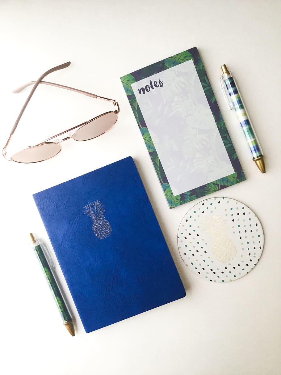 sunglasses, blue, notes, pens, book, close-up, dark blue, green