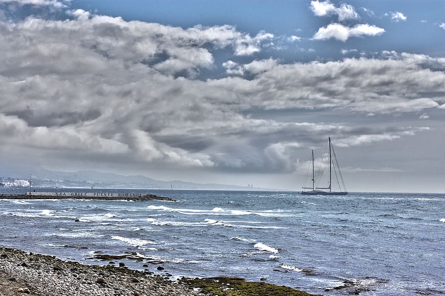 sea, sky, landscape, clouds, beach, nature, boat, horizon, costa HD wallpaper