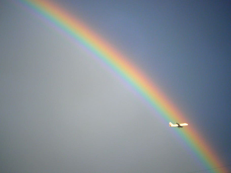 rainbow, plane, storm, sky, aircraft, transportation, travel HD wallpaper